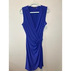 Josie Natori Womens M Dress Faux Wrap Strech Crepe Blue Cinched Waist Sleeveless
